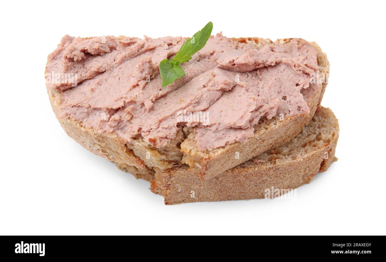 Delicious liverwurst sandwich with basil isolated on white Stock Photo