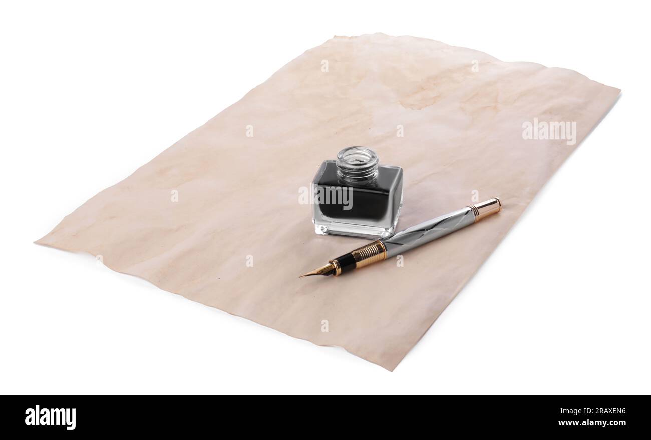 Inkwell, fountain pen and parchment on white background Stock Photo Alamy