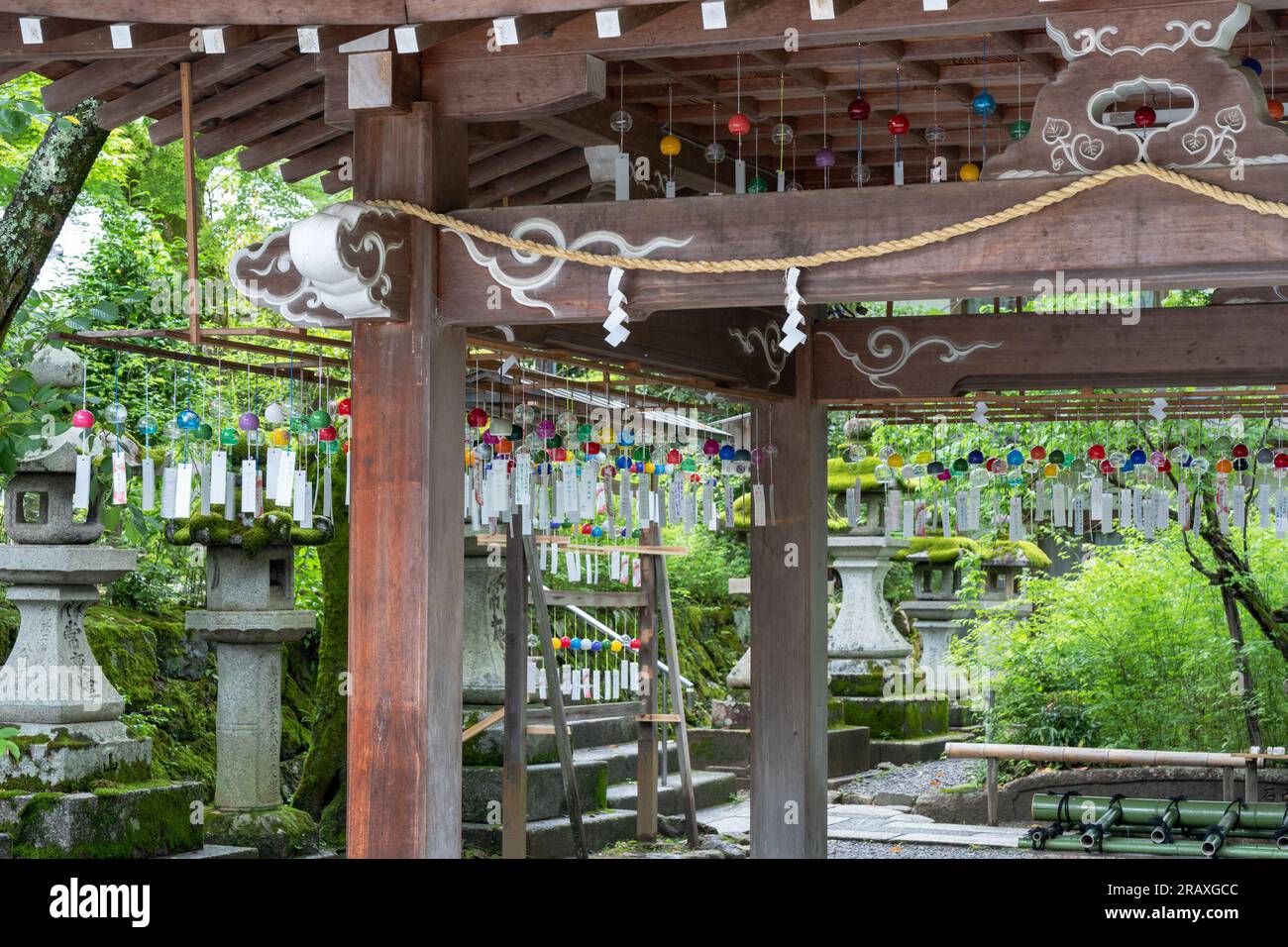 Kyoto, Japan June 12 2023 Japanese wind chimes at Matsunoo Taisha Shrine. Japanese Garden