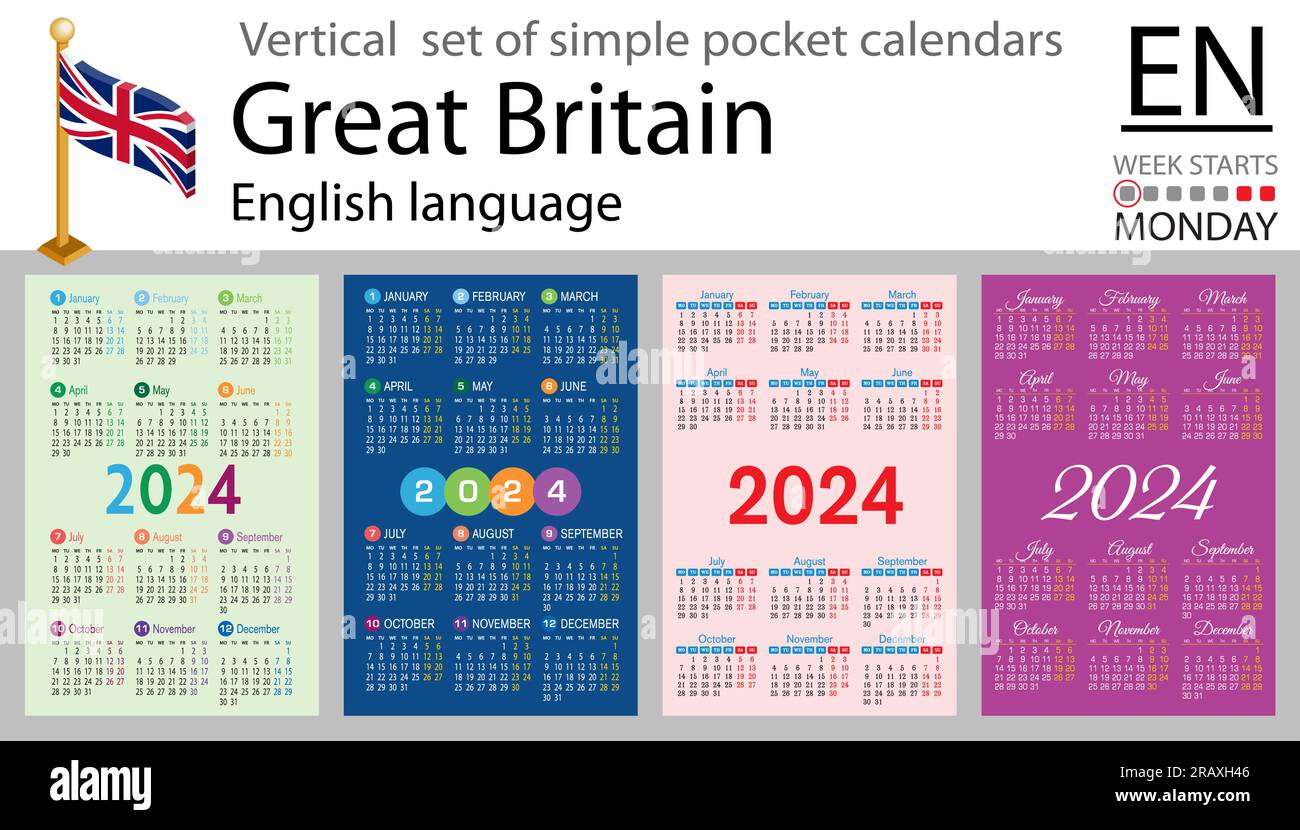 English vertical set of pocket calendar for 2024 (two thousand twenty ...