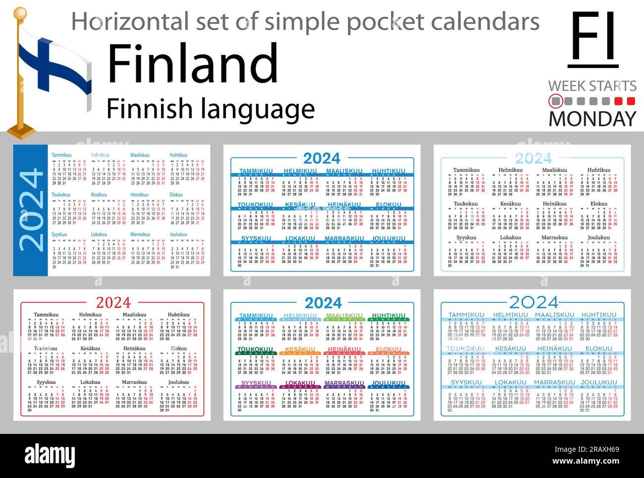 Finnish horizontal set of pocket calendar for 2024 (two thousand twenty four). Week starts