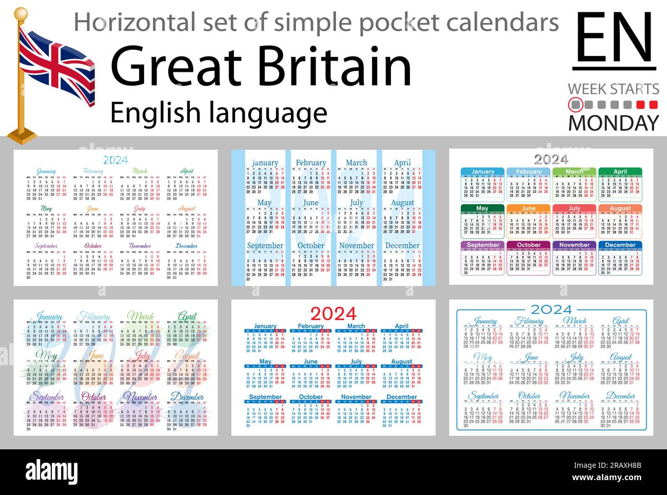 English horizontal set of pocket calendar for 2024 (two thousand twenty ...