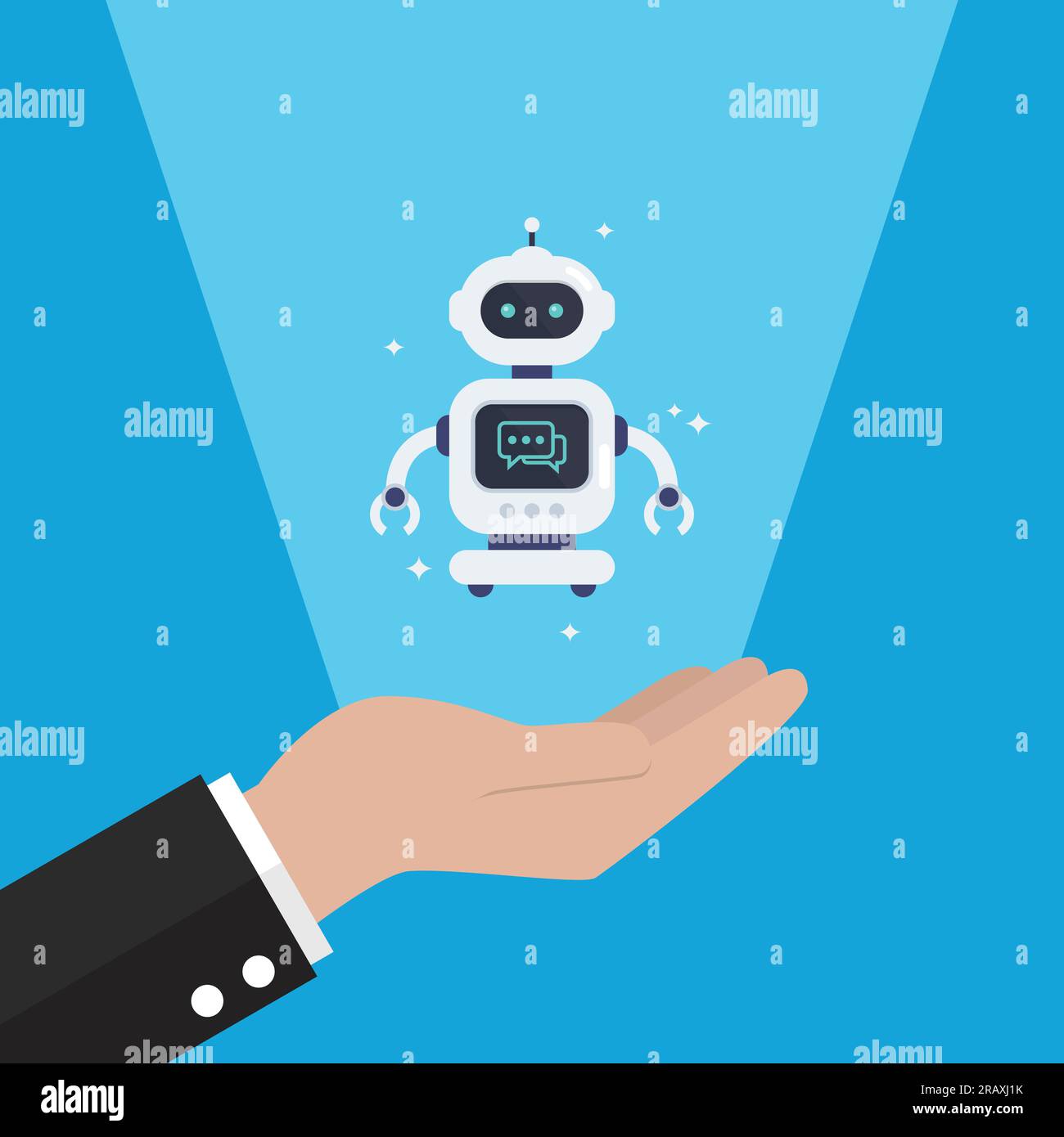 Hand is showing android bot. Cyborg Technology and Futuristic Intelligence Machine. Stock Vector
