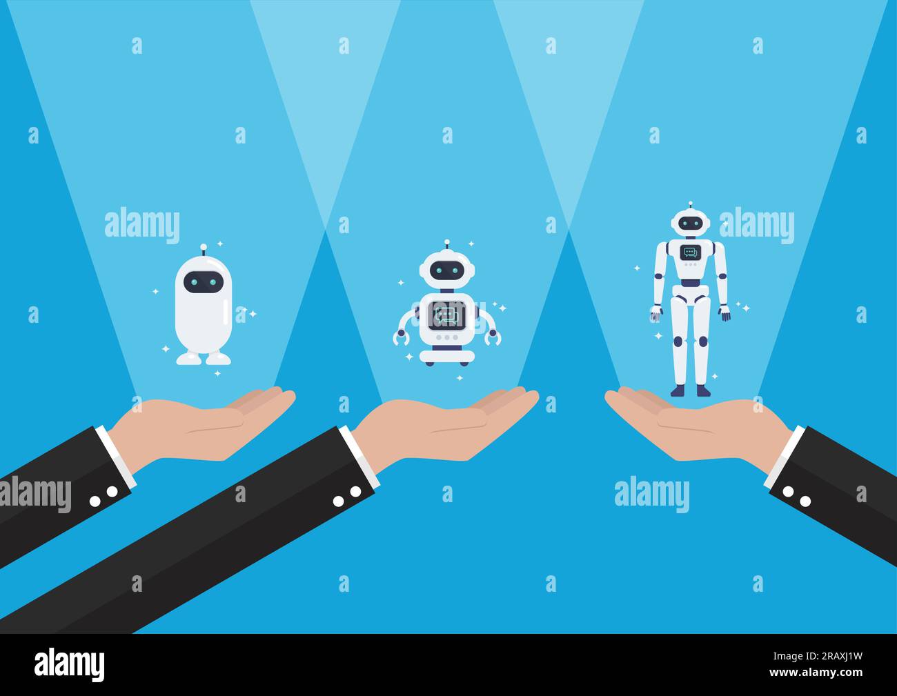 Hands are showing android robots. Cyborg Technology and Futuristic Intelligence Machine. Vector illustration Stock Vector