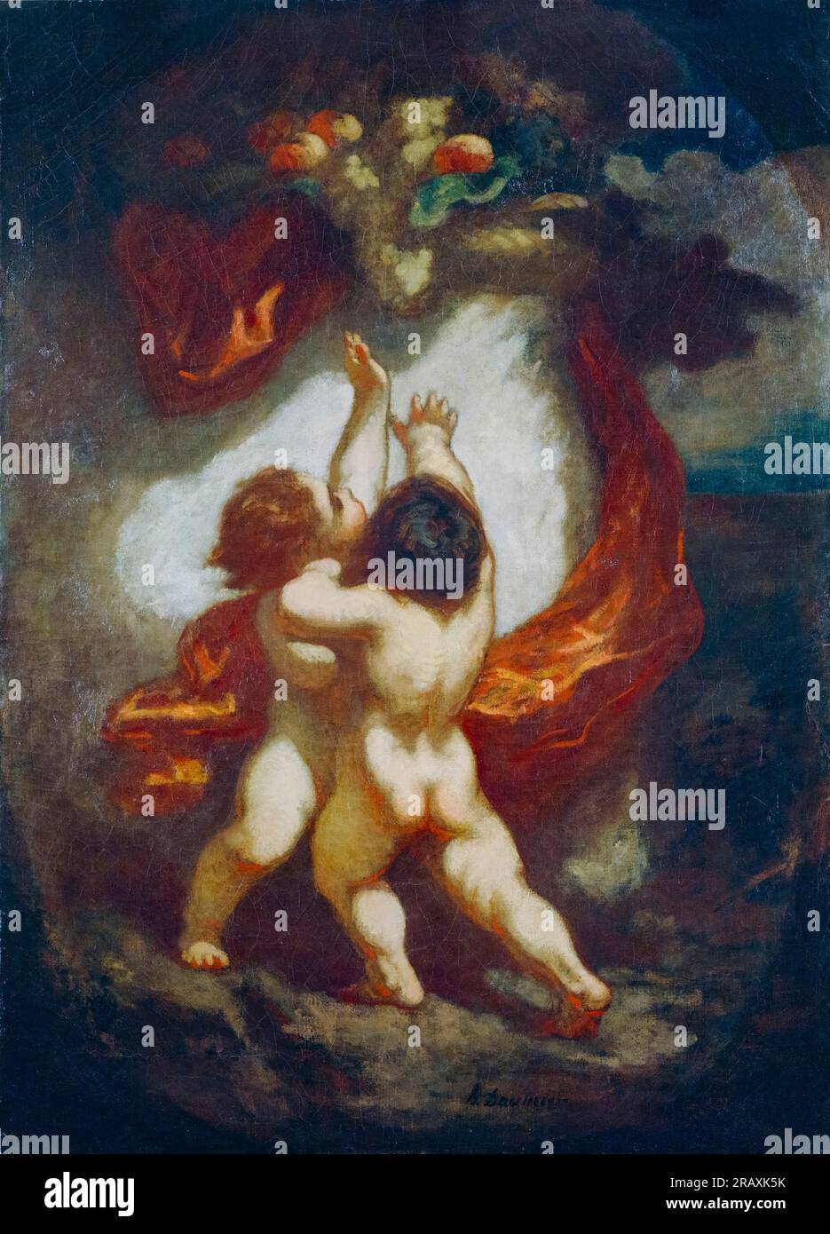 Honoré Daumier, Two Putti Striving for Fruits, painting in oil on canvas, circa 1845 Stock Photo