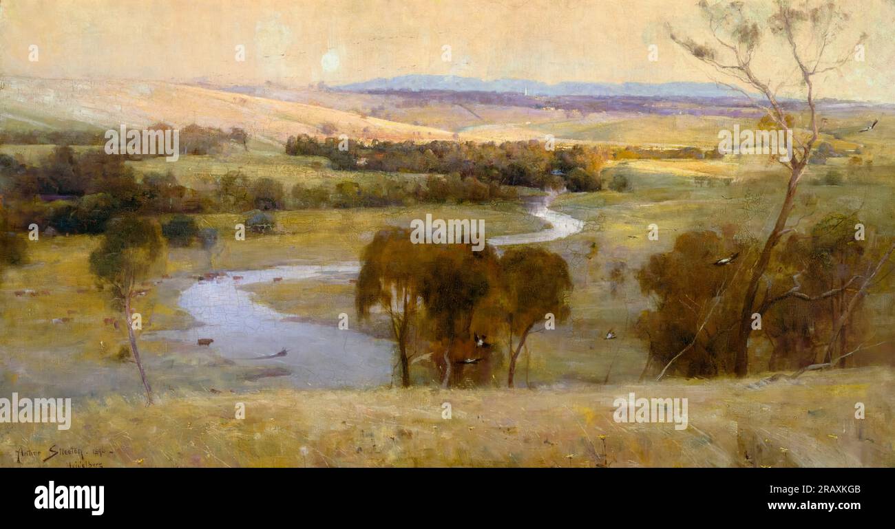 Arthur Streeton, Still glides the stream, and shall for ever glide, landscape painting in oil on canvas, 1890 Stock Photo