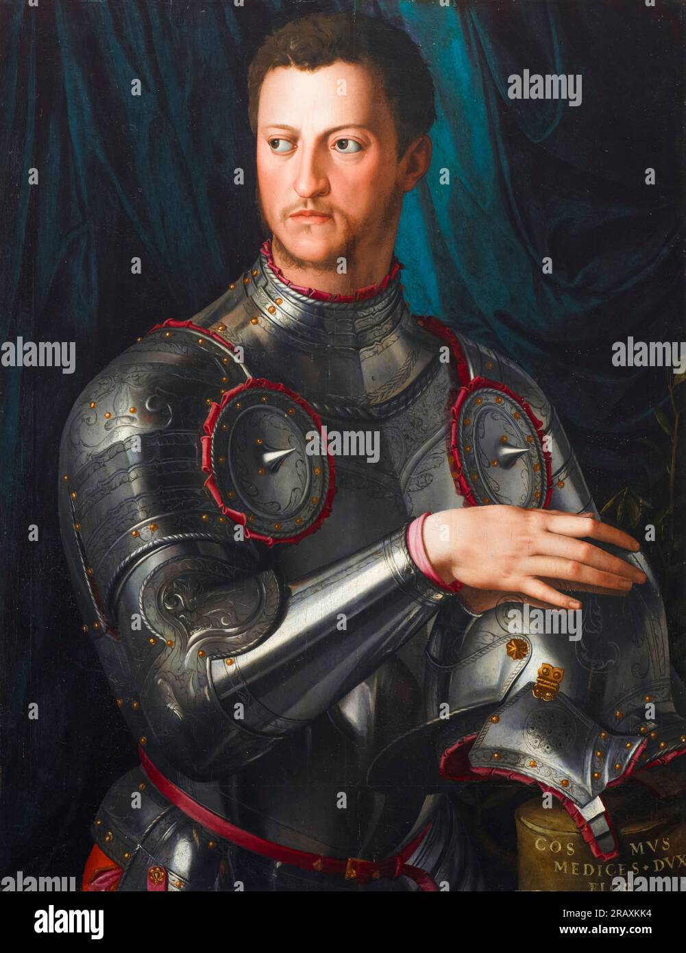 Cosimo I de Medici (1519-1574), second Duke of Florence (1537-1569), first Grand Duke of Tuscany (1569-1574), in full armour, portrait painting in oil on panel by Agnolo Bronzino, circa 1545 Stock Photo