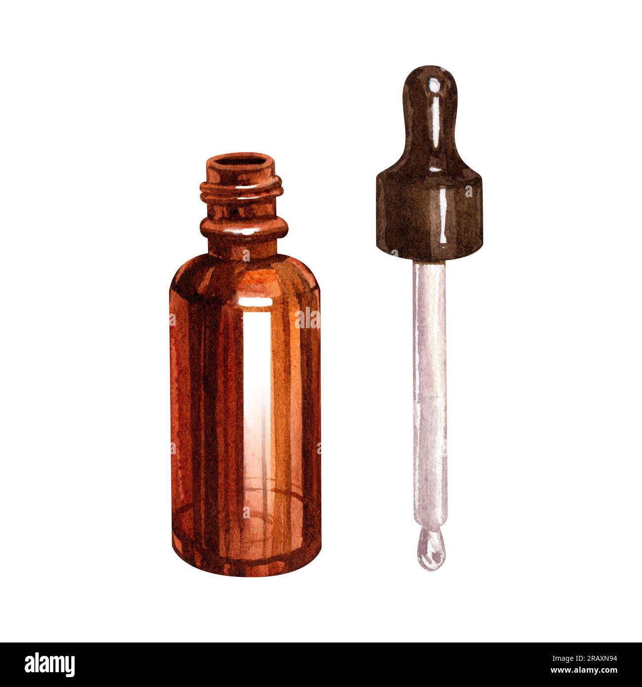 Glass bottle with dropper watercolor illustration. Small bottle with