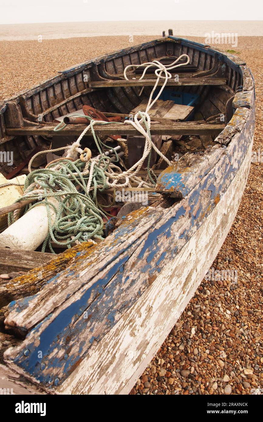 Old discarded fishing boat on the shingle beach at Aldeburgh, Suffolk ...