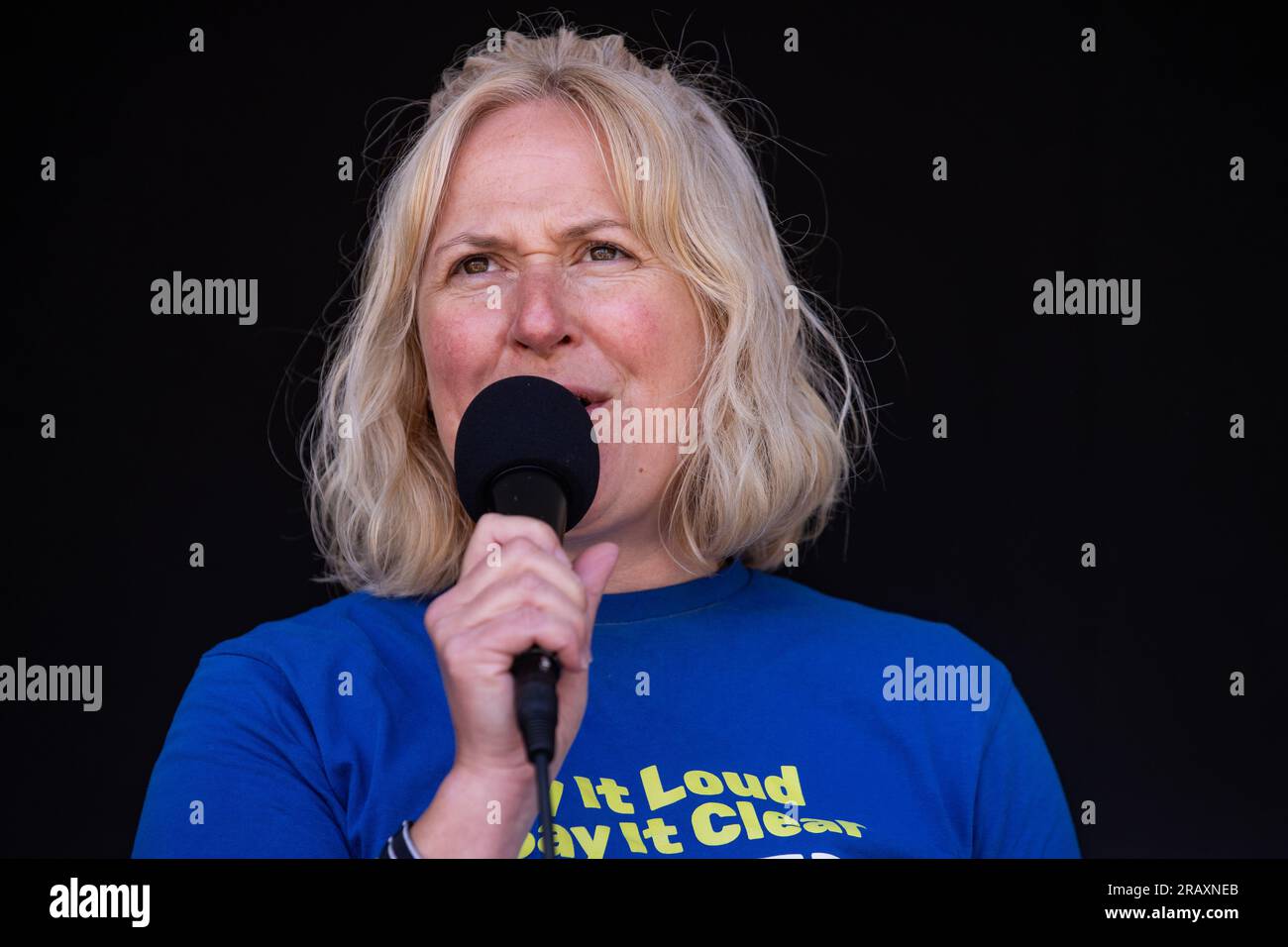 London, UK. 5th July, 2023. Emma Rose, Senior Vice-President of the  National Education Union (NEU), addresses striking teachers in Parliament  Square. NEU members are striking to win a fully-funded, above-inflation pay  rise