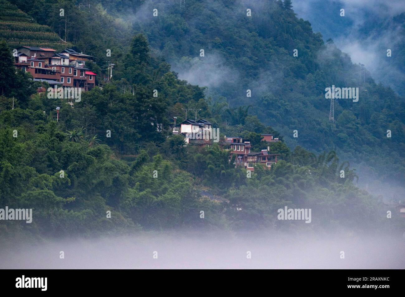 Gongshan. 4th July, 2023. This aerial photo taken on July 4, 2023 shows the scenery along the Nujiang River in Nujiang Lisu Autonomous Prefecture, southwest China's Yunnan Province. Credit: Yang Zhisen/Xinhua/Alamy Live News Stock Photo