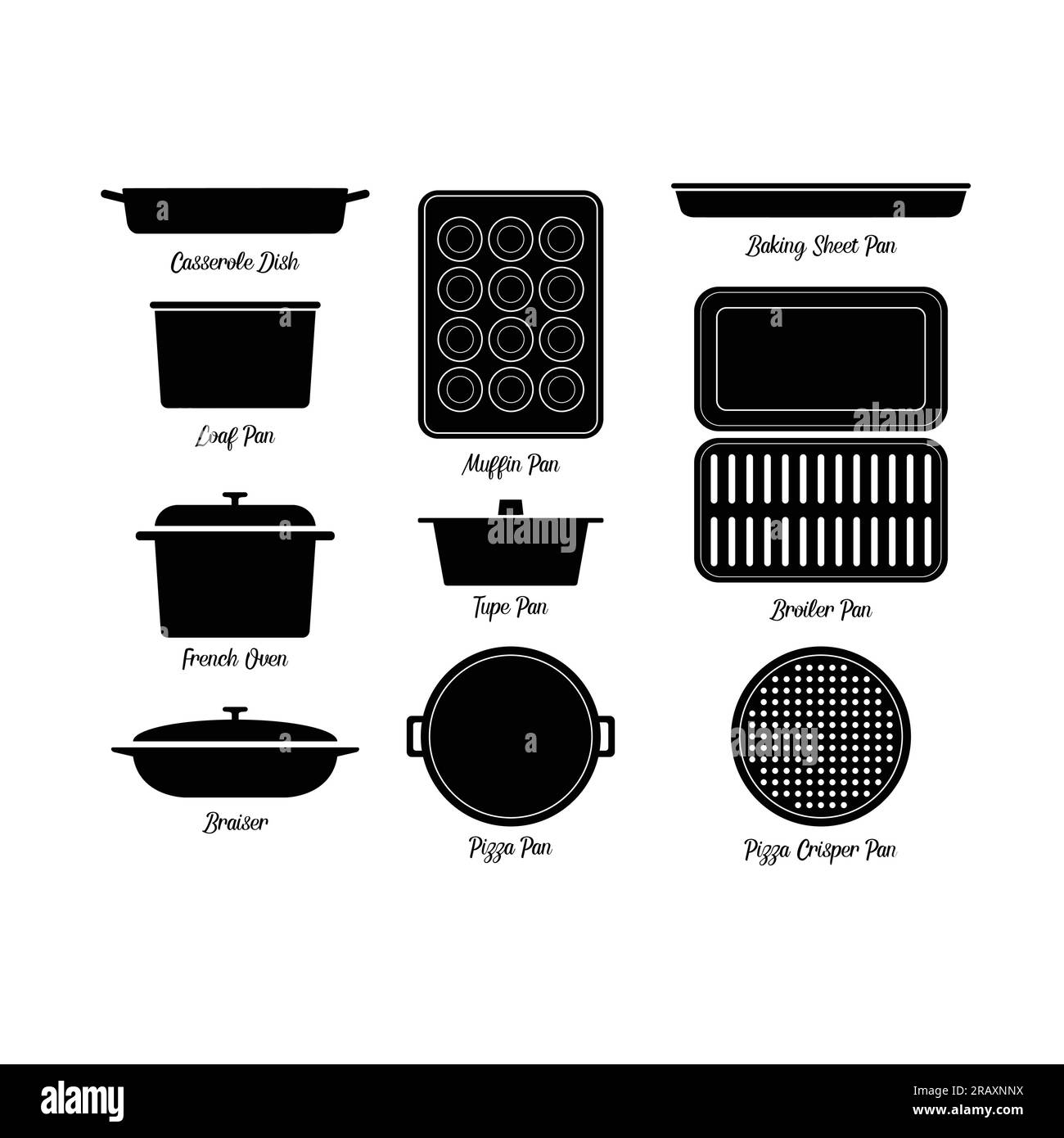 Bakeware set silhouette flat vector on white background. Cooking