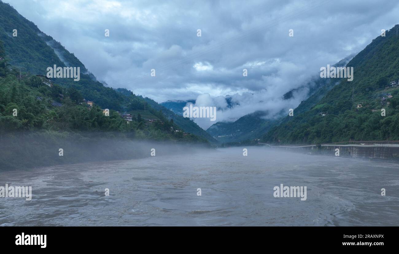 Gongshan. 4th July, 2023. This aerial photo taken on July 4, 2023 shows the scenery of the Nujiang River in Nujiang Lisu Autonomous Prefecture, southwest China's Yunnan Province. Credit: Jiang Wenyao/Xinhua/Alamy Live News Stock Photo