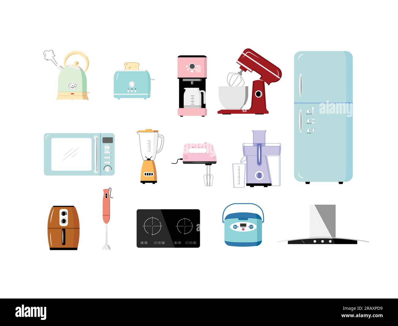 Kitchen appliances set flat pastel color vector in cartoon style. Color