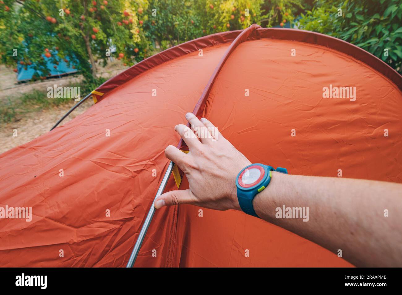 Assembling and installing a tent in a camping. Equipment and materials for hiking Stock Photo