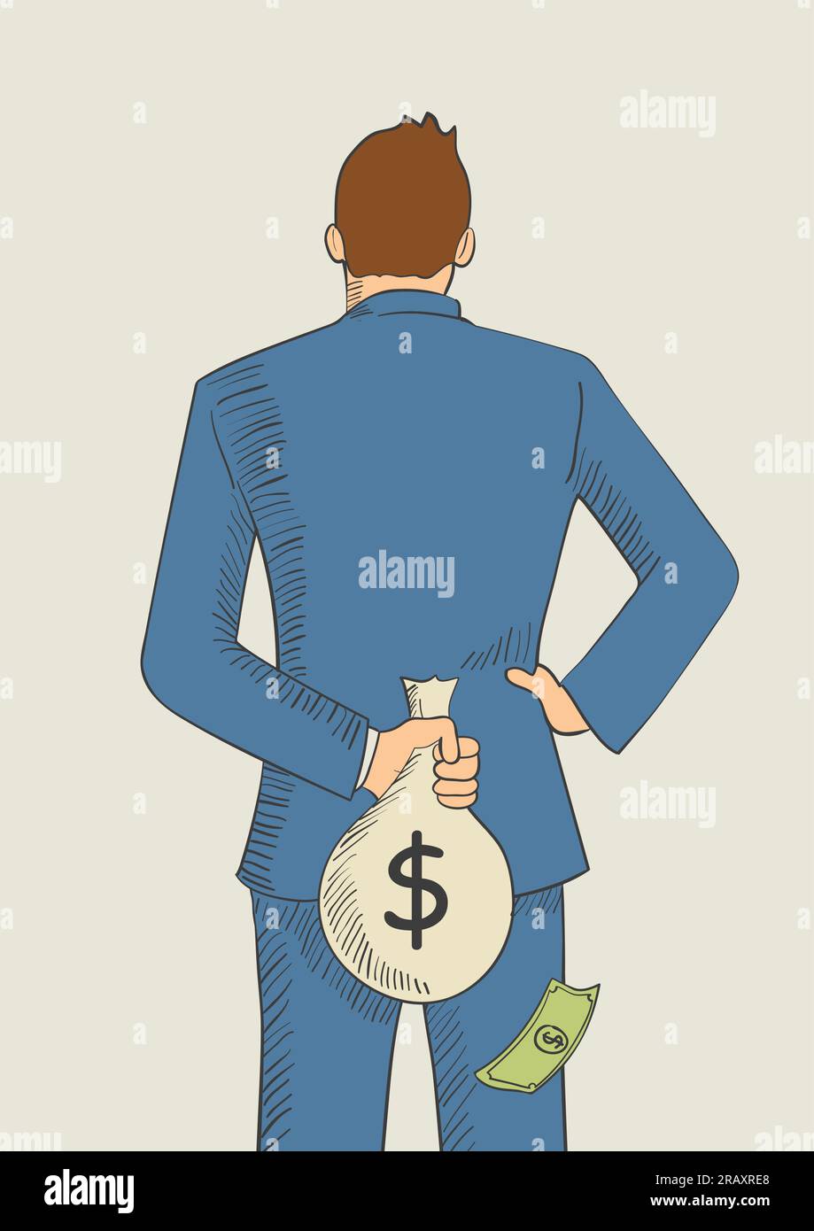 Cartoon illustration of a man hiding a money bag behind his back for