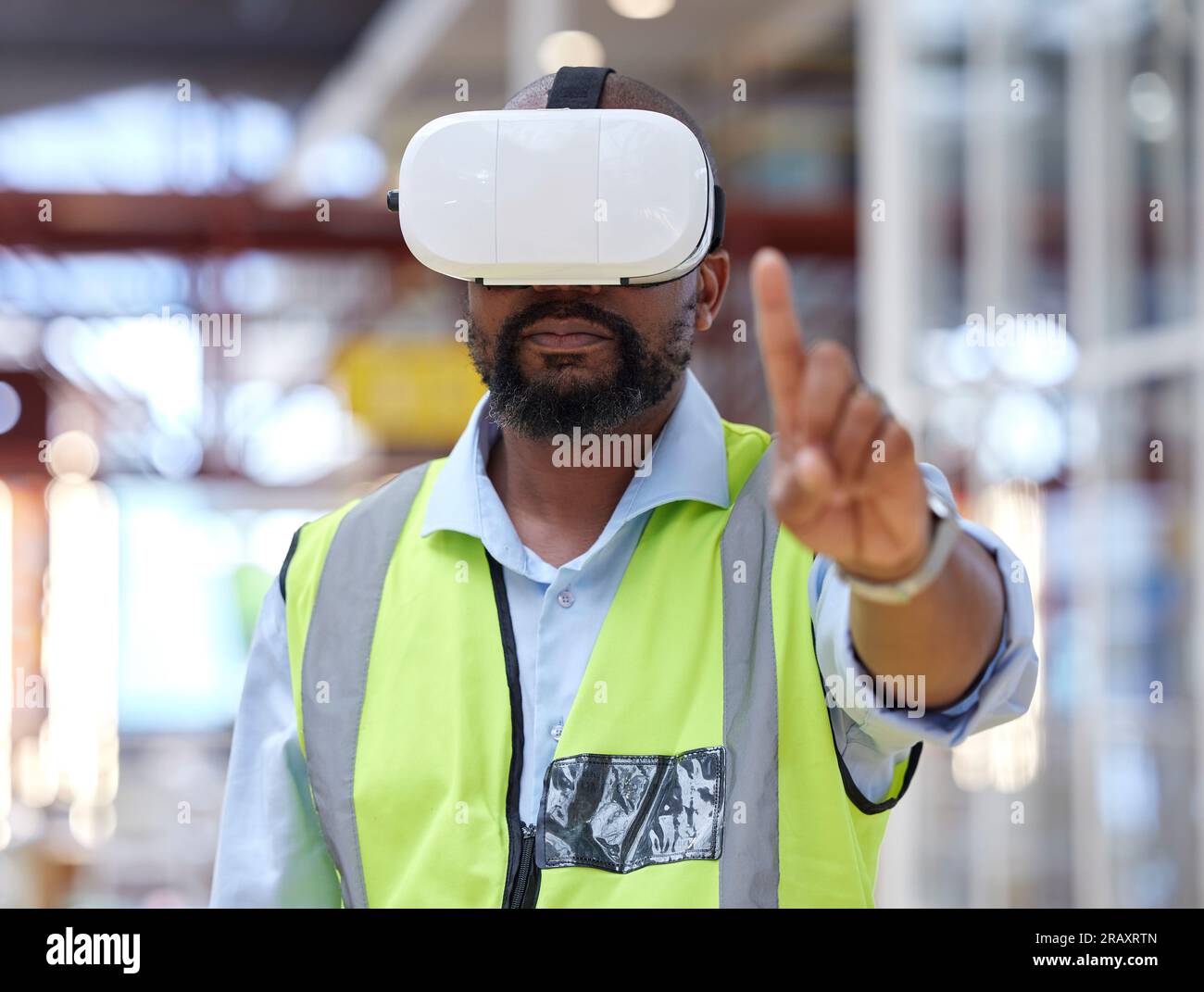 Logistics, warehouse and man in virtual reality headset for online