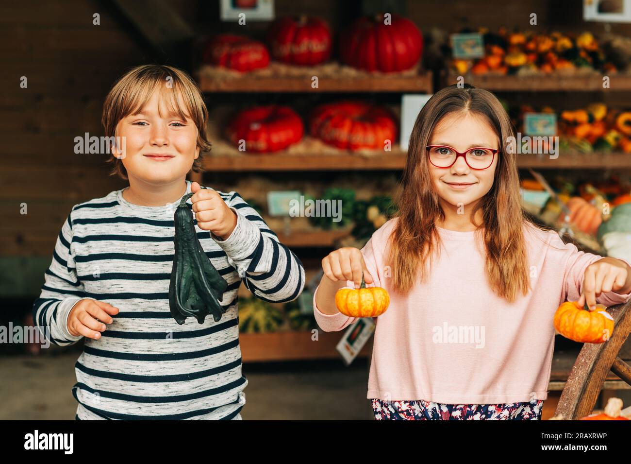 Funny kids choosing halloween pumpkin on farm market Stock Photo