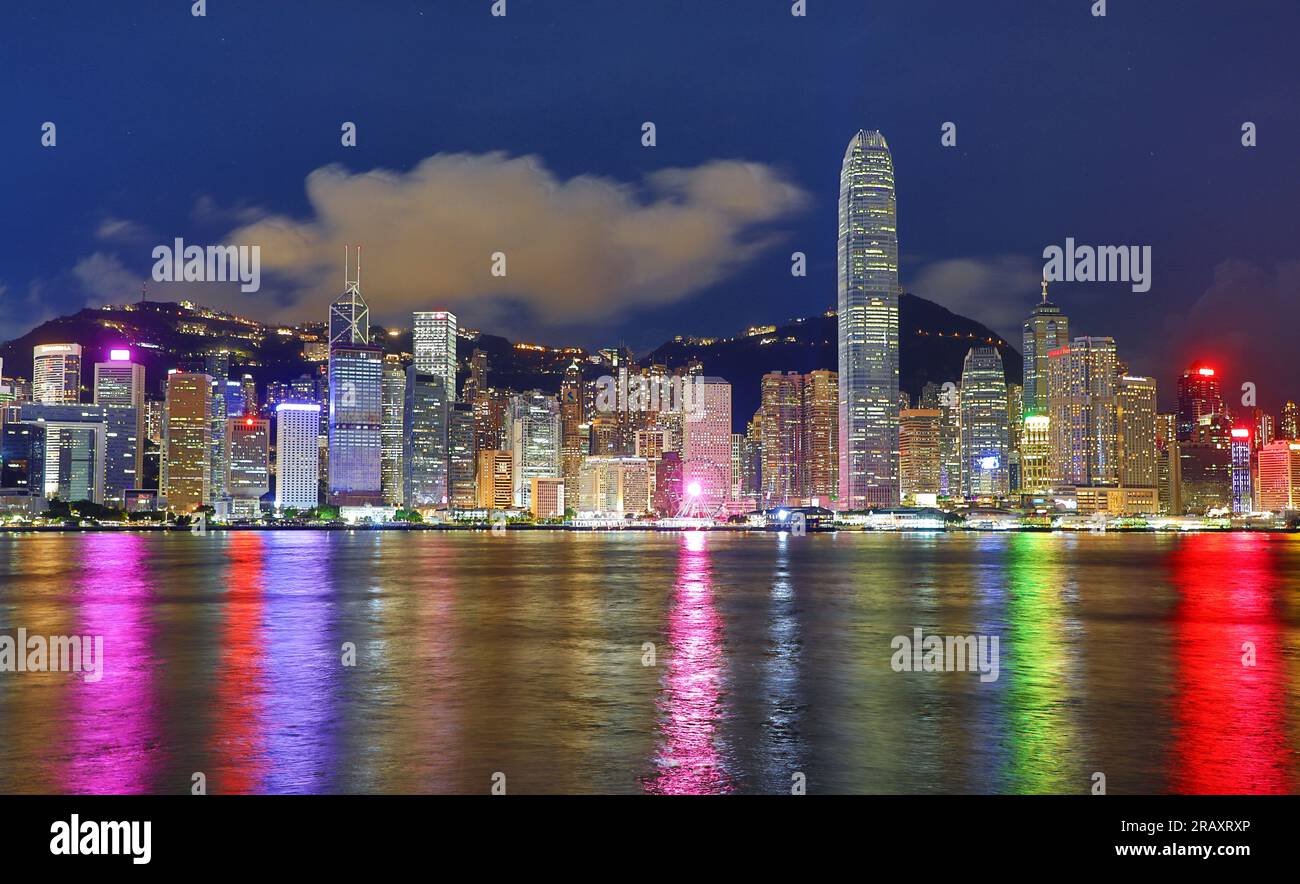 Night view of Victoria Harbour and Skyline with lights, Hong Kong, China Stock Photo