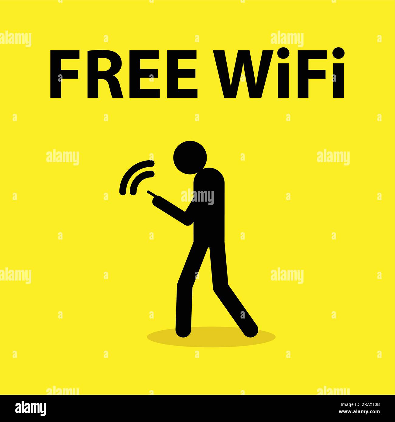 Illustration of a stick figure holding a smart phone with the text free wifi Stock Vector