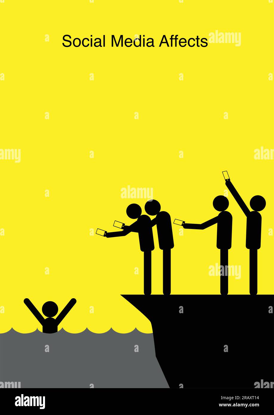 Illustration of stick figures taking photo of drowning man Stock Vector