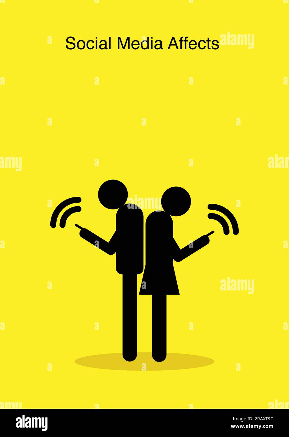 Illustration of stick figures standing back to back and using their smart phones while ignoring each other Stock Vector