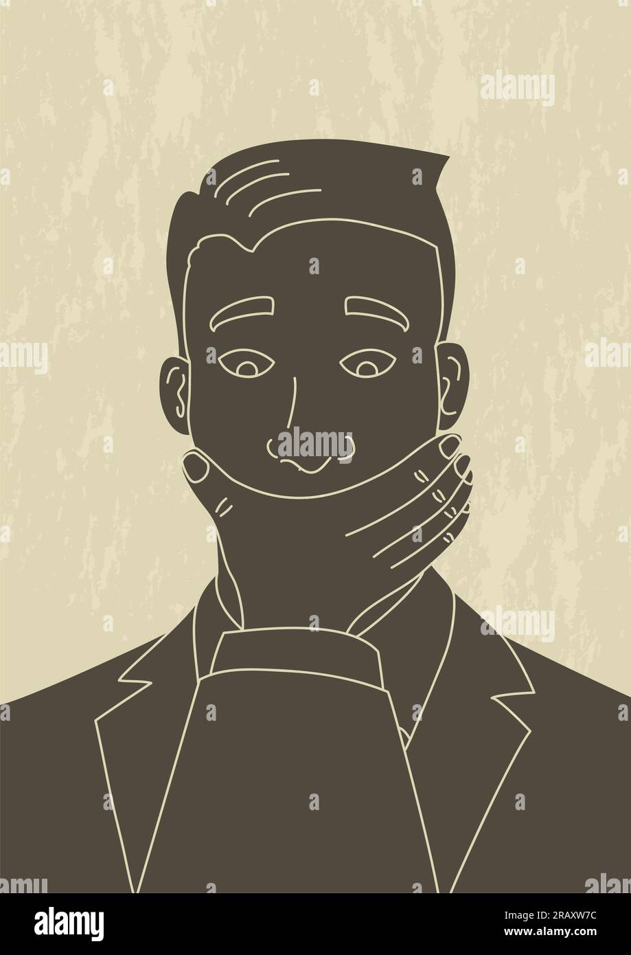 Illustration in retro art style of a man which his mouth being covered by other man's hand Stock Vector