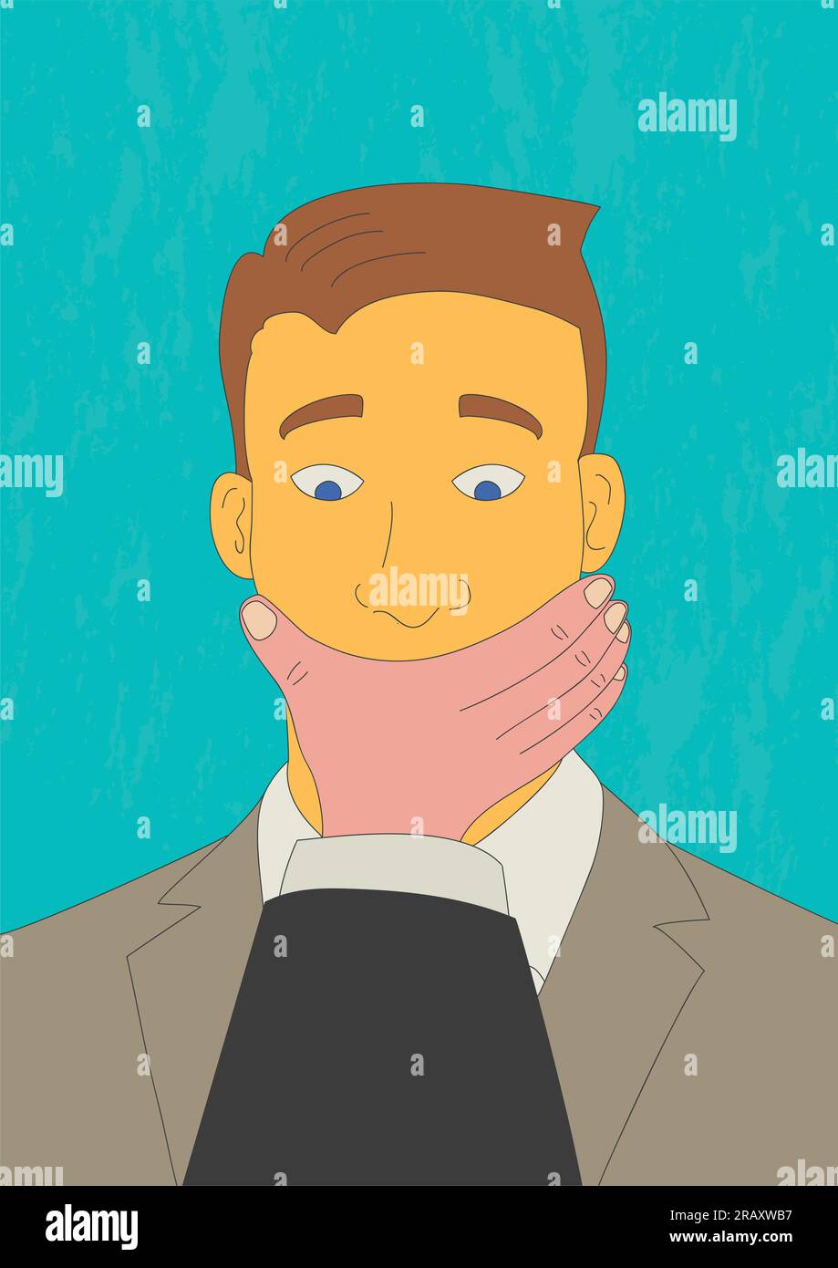 Cartoon illustration in naive art style of a man which his mouth being covered by other man's hand Stock Vector