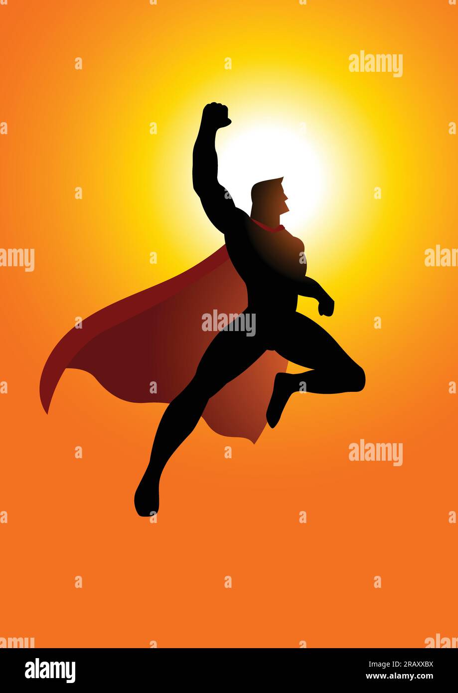 Cartoon silhouette of a superhero flying at sunrise Stock Vector Image ...