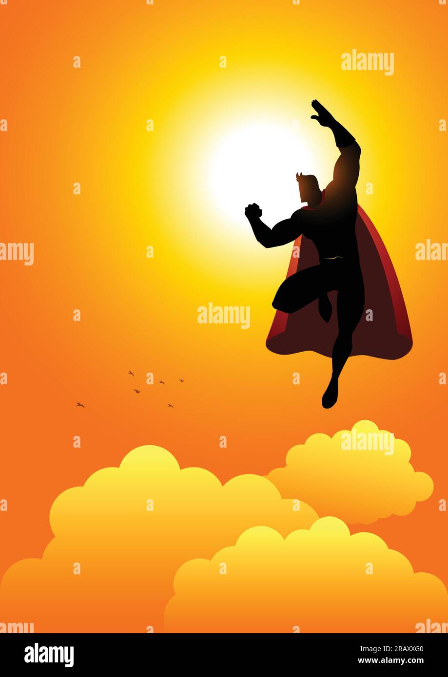 Cartoon silhouette of a superhero flying at sunrise Stock Vector Image ...
