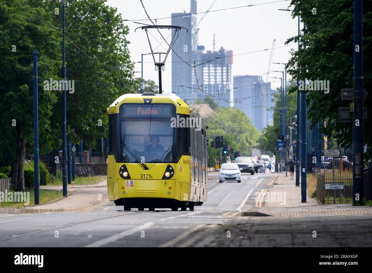 Manchester Metrolink tram travelling to Eccles, England. Stock Photo