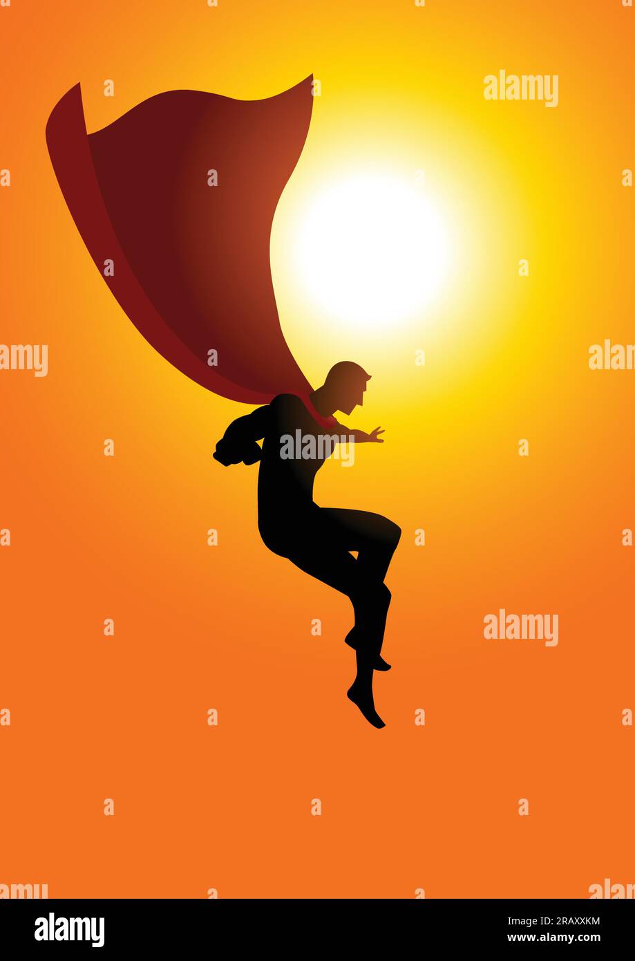 Cartoon silhouette of a superhero flying at sunrise Stock Vector Image ...