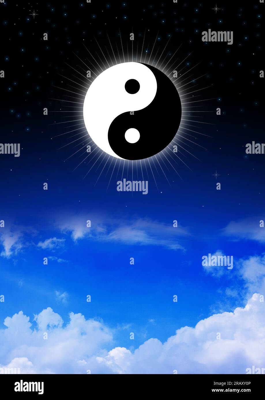 Yin and Yang symbol of Taoism on night sky Stock Photo