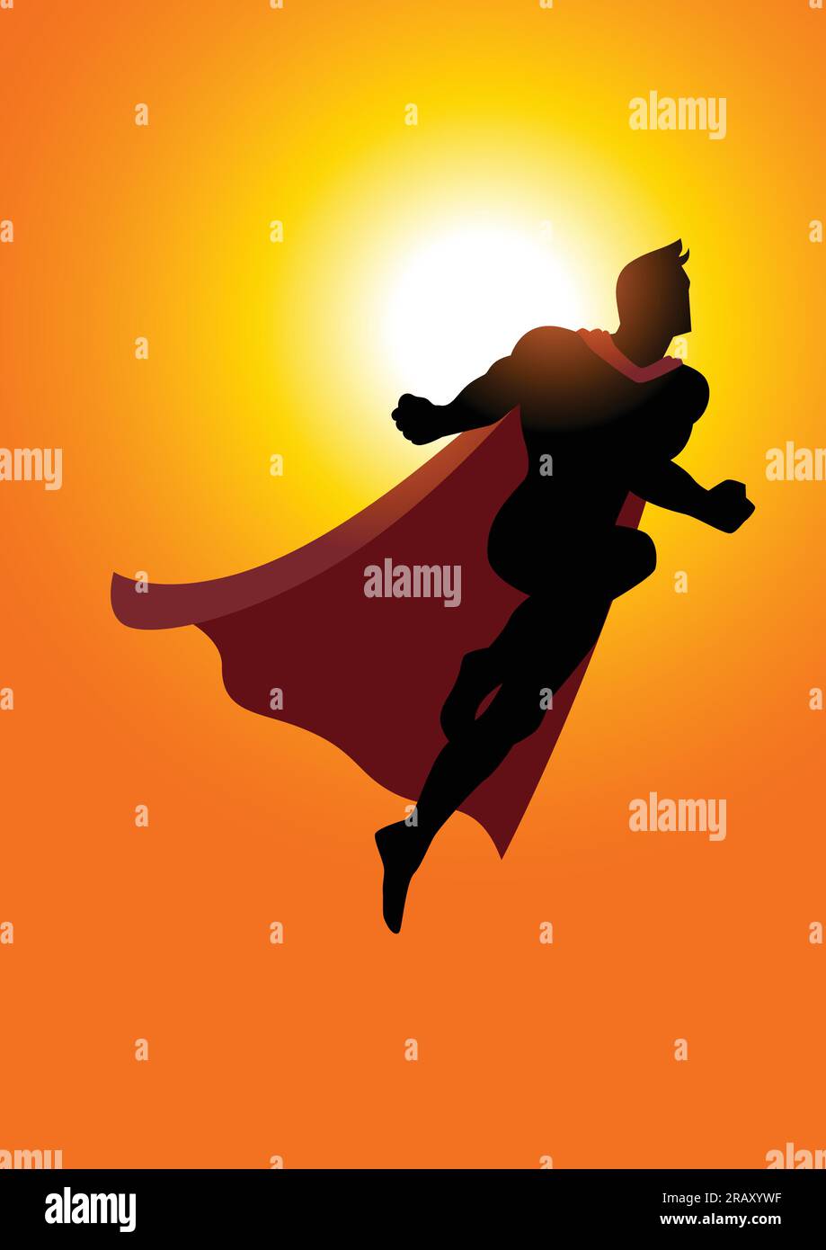Cartoon silhouette of a superhero flying at sunrise Stock Vector Image ...