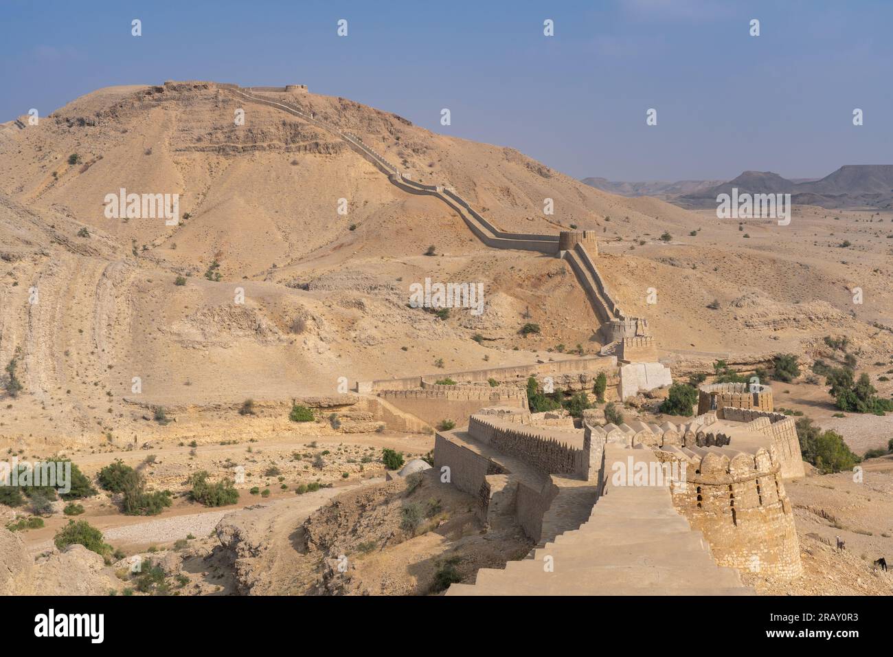 Desert landscape view from Sann gate of ancient Ranikot fort known as the great wall of Sindh in Jamshoro, Sindh, Pakistan Stock Photo