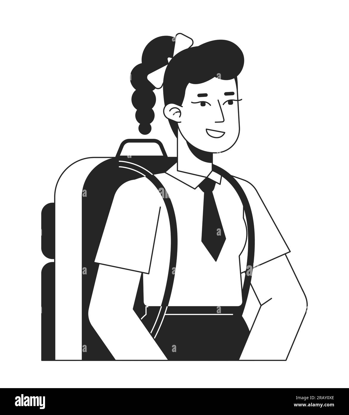 Excited teen girl with ponytail hairstyle flat line black white vector