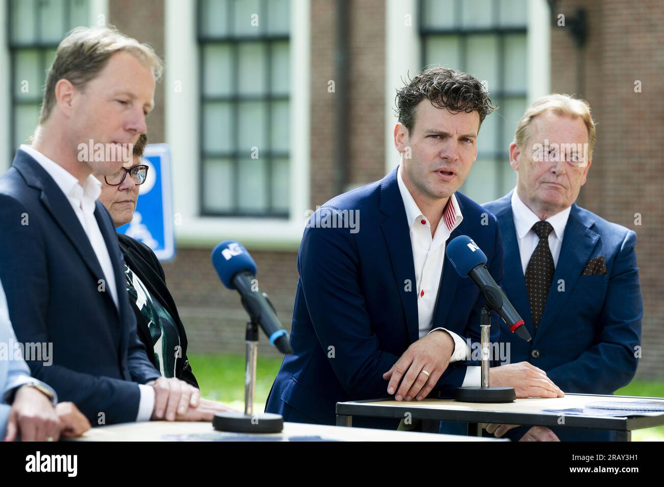 HAARLEM - Jelle Beemsterboer - 2nd from the right - speaking during the presentation of the coalition agreement of the province of North Holland in Paviljoen Welgelegen. As in almost all other provinces with a rounded formation, BBB and VVD are also part of the new council of deputies. ANP EVERT ELZINGA netherlands out - belgium out Stock Photo