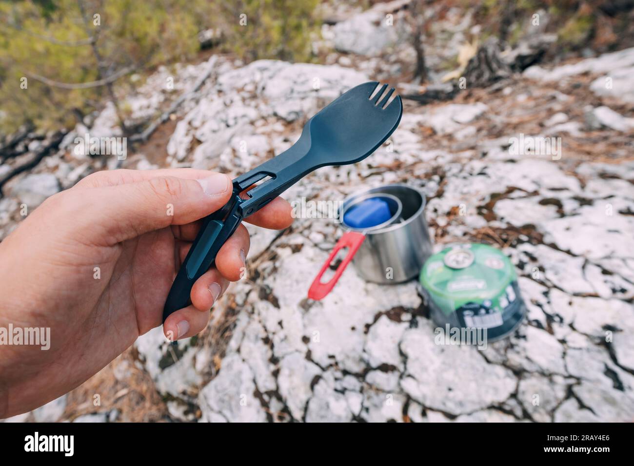 folding spoon and other camping utensils Stock Photo Alamy