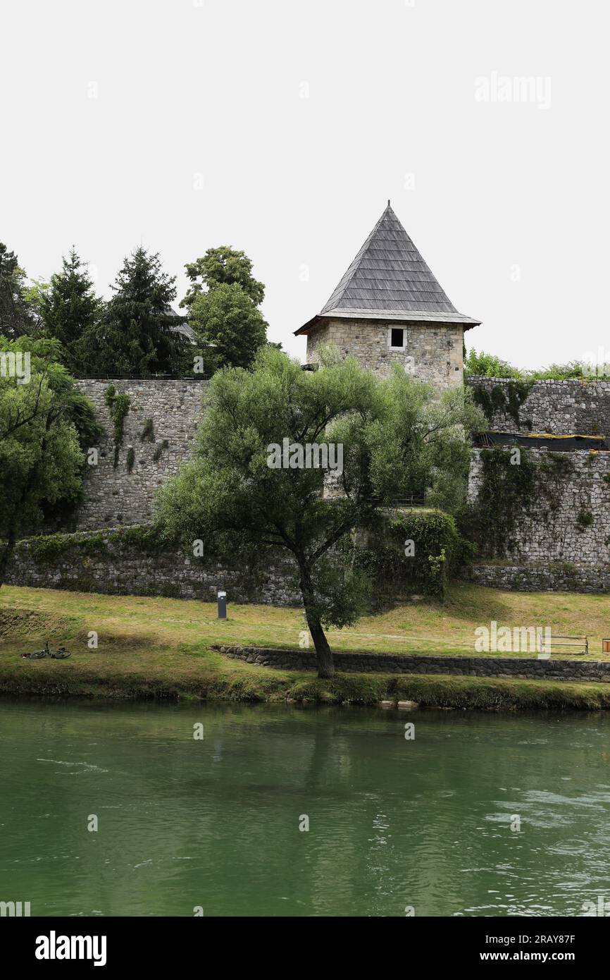 Old stone castle on the river. Kastel, Banja Luka. Ancient wall and fortress on the river. Stock Photo