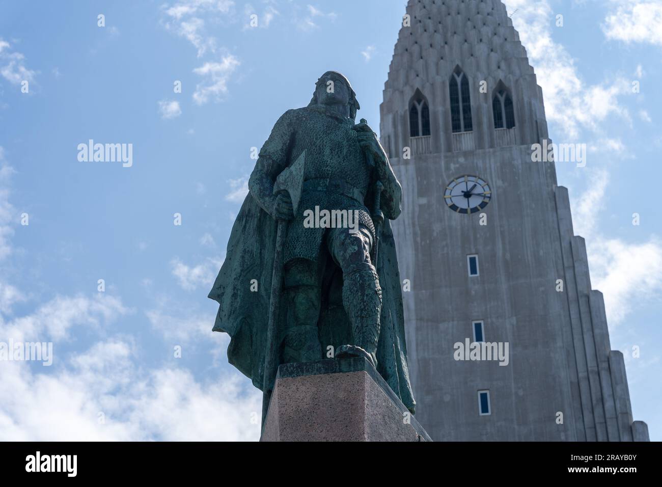 Reykjavik, Iceland - 06.21.2023: Leif Erikson statue in Reykjavik, Iceland. Hallgrimskirkja Church in background Stock Photo