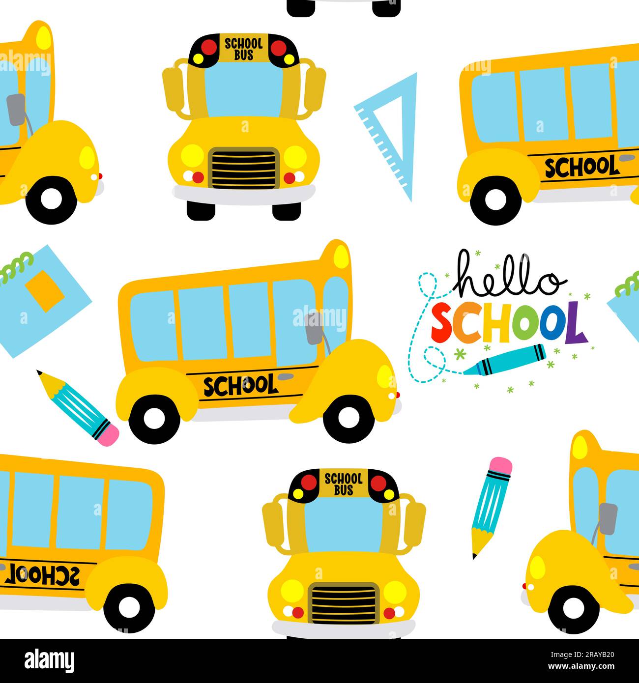 Seamless pattern with school bus and stationery accessories. - Good for textiles, school sets, wallpapers, wrapping paper, clothes. back to school. Stock Vector