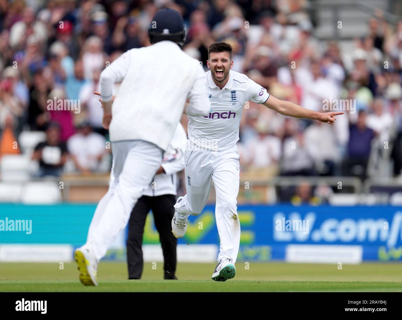 England's Mark Wood celebrates after taking the wicket of Australia's Usman Khawaja (not pictured) during day one of the third Ashes test match at Headingley, Leeds. Picture date: Thursday July 6, 2023. Stock Photo
