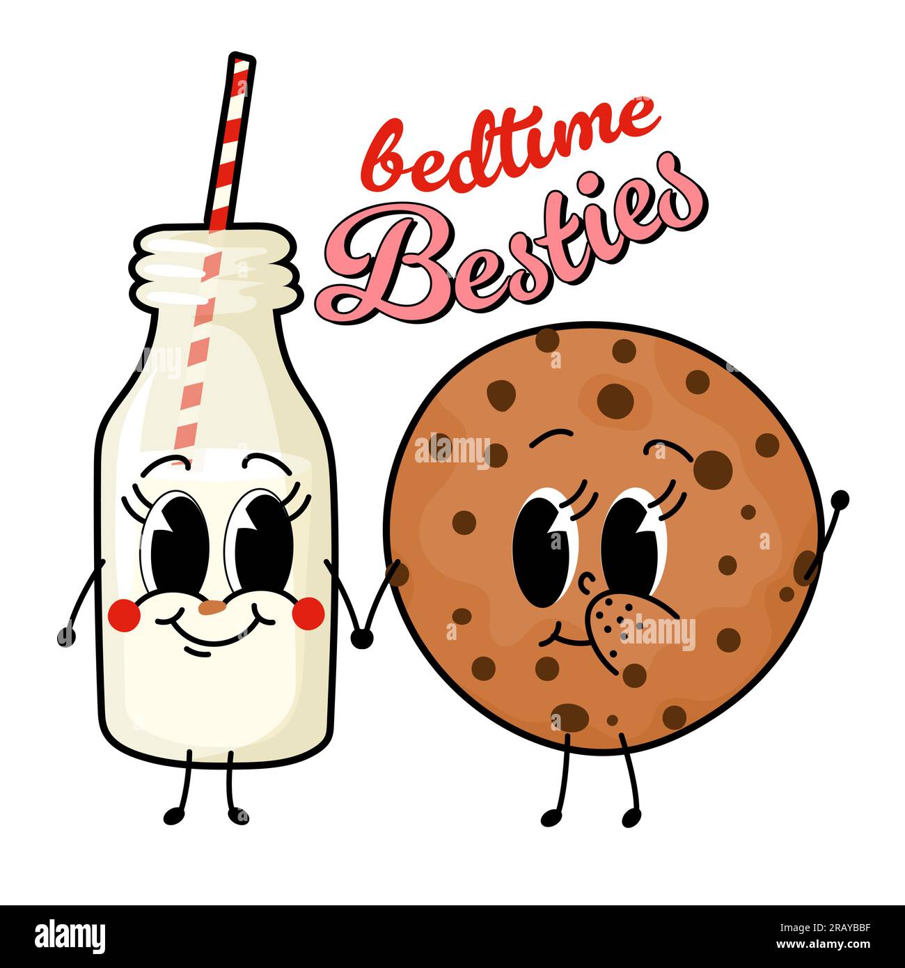 Bedtime besties - Cute hand drawn milk and cookie couple illustration kawaii style. Valentine's Day poster. Good for posters, greeting cards, banners, Stock Vector