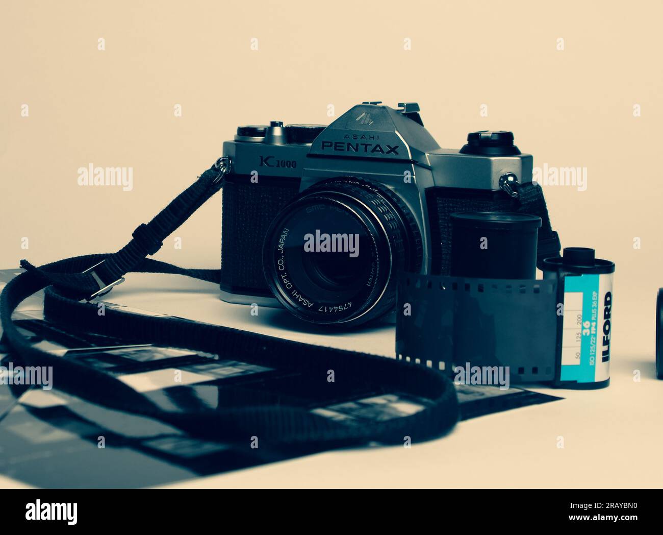 Studio still life photo of film camera and accessories for film photography Stock Photo