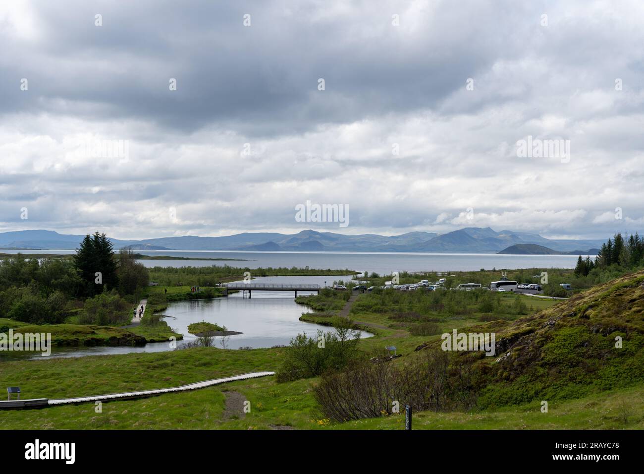 Landscape of Thingvellir rift valley of the mid Atlantic ridge and Lake Thingvallavatn in Iceland Stock Photo