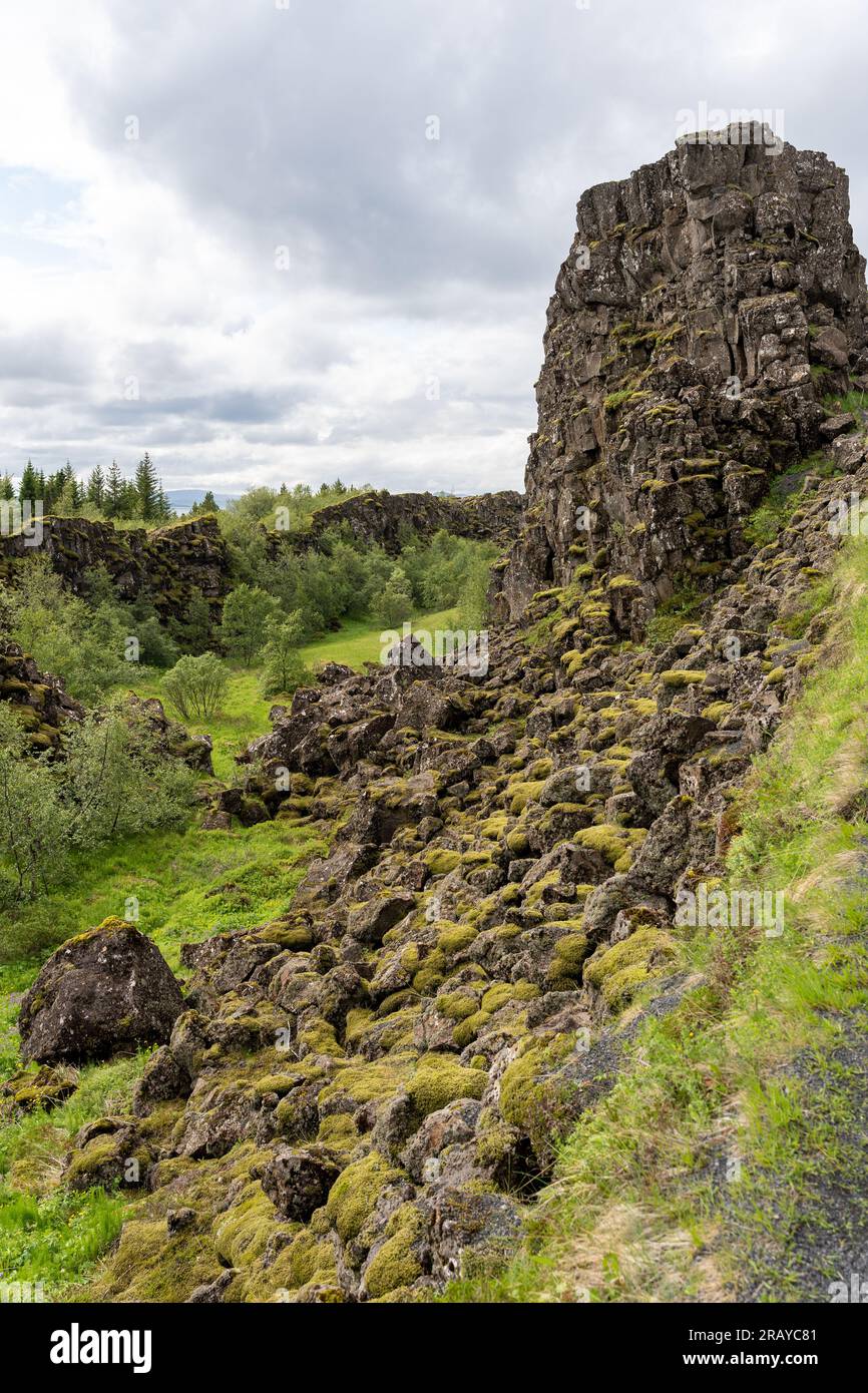 Thingvellir rift valley of the mid Atlantic ridge and historic assembly site of Althing or Law Rock in Parliament plains in Iceland Stock Photo
