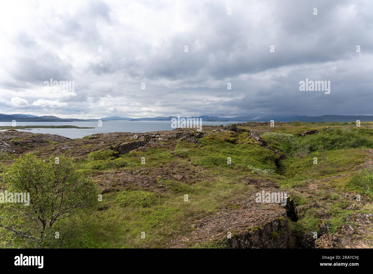 Landscape of Thingvellir rift valley of the mid Atlantic ridge and Lake Thingvallavatn in Iceland Stock Photo