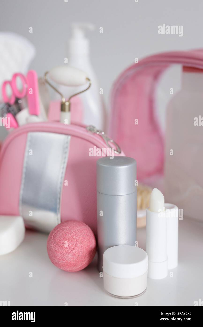 Set of women's personal hygiene products on white Stock Photo Alamy