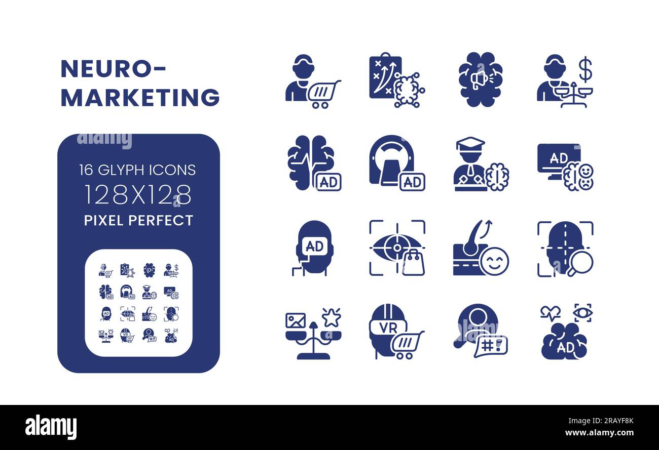 Neuromarketing black solid desktop icons pack Stock Vector
