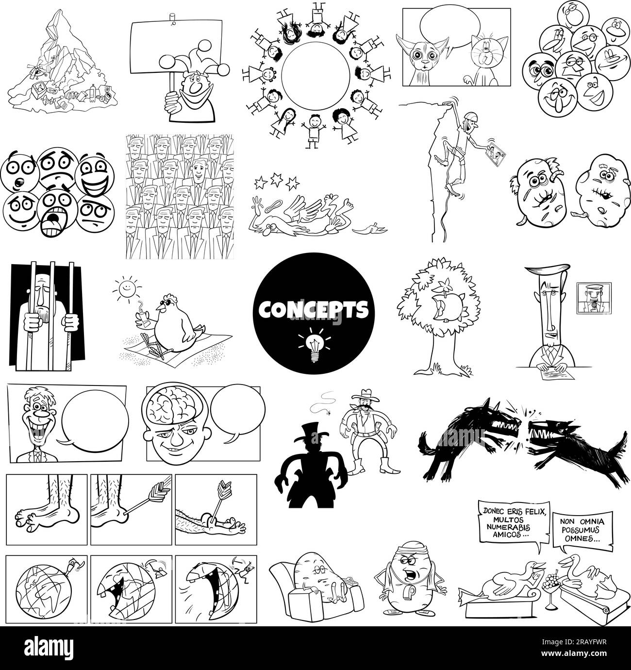 Black and white ilustration set of humorous cartoon concepts or metaphors and ideas with comic characters Stock Vector